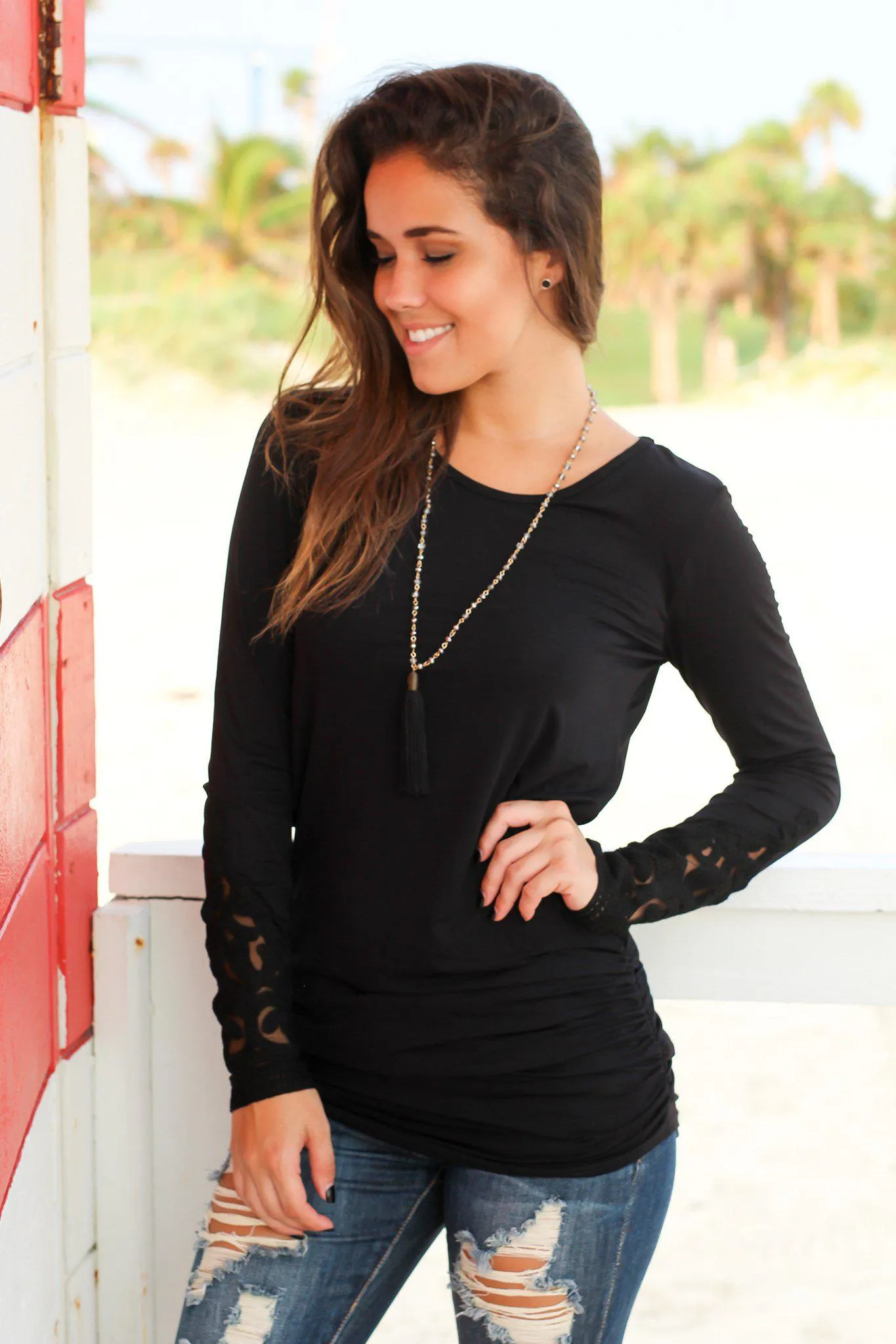 Black Long Sleeve Top with Crochet Sleeves