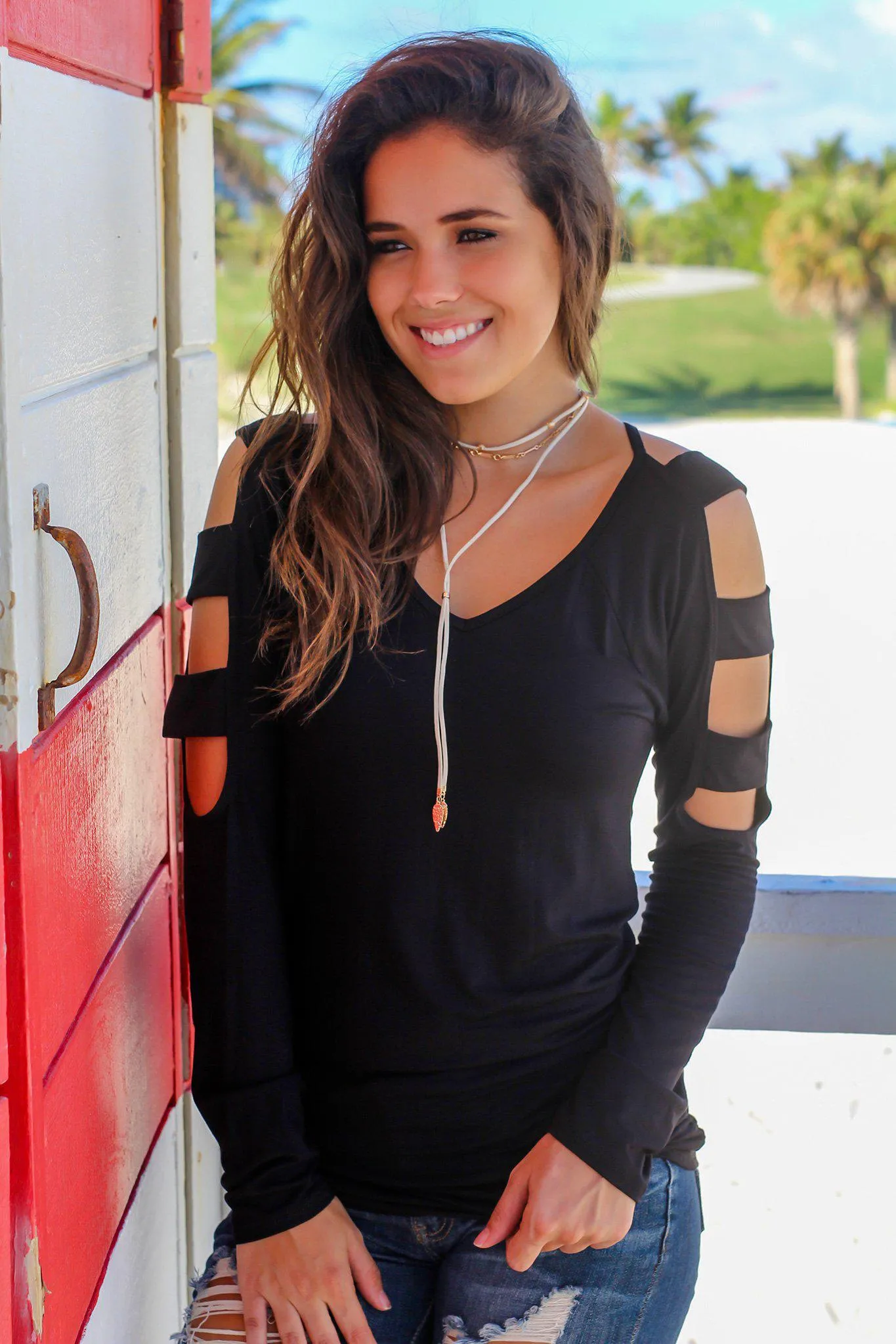 Black Long Sleeve Top with Strap Detail Sleeves