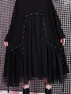 Black Loose Rivet Gauze Splicing Dress