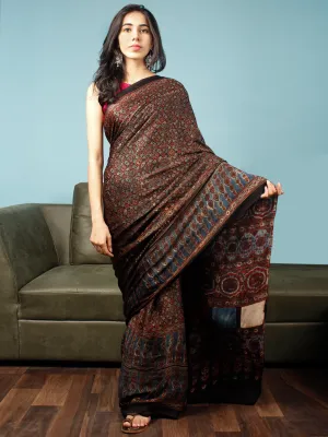 Black Maroon Beige Indigo Ajrakh Hand Block Printed Modal Silk Saree in Natural Colors - S031703347