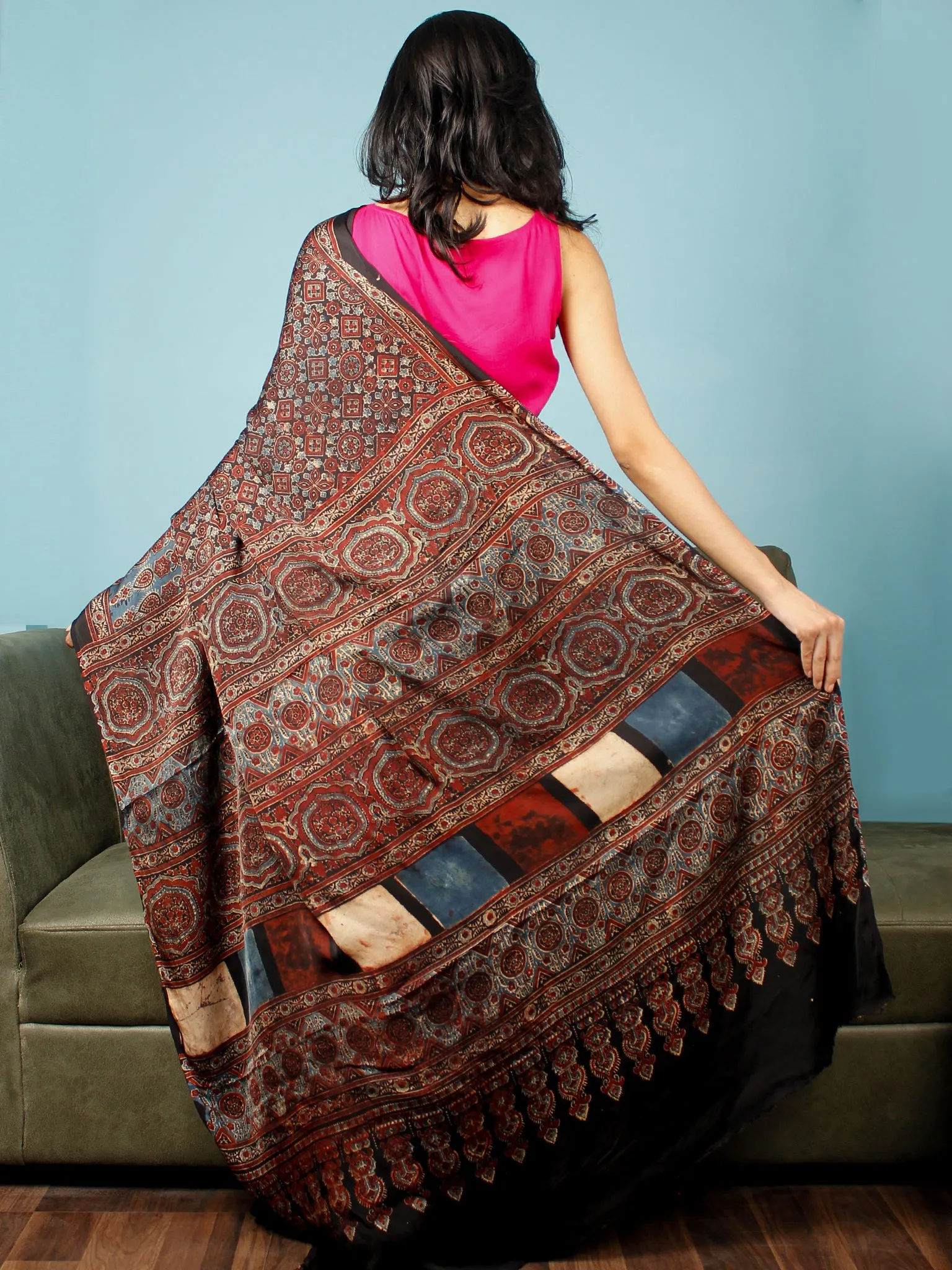 Black Maroon Beige Indigo Ajrakh Hand Block Printed Modal Silk Saree in Natural Colors - S031703347