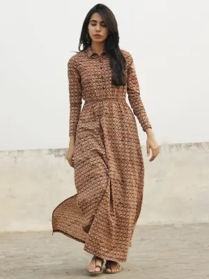 Black Maroon Beige Orange Long Hand Block Cotton Dress With Elasticated Waist And Side Slit  - D147F1075