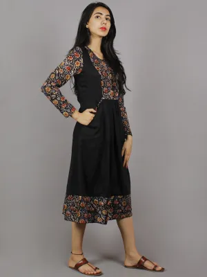 Black Maroon Blue Hand Block Printed Cotton & Rayon Midi Dress With Side Pockets - D3559501