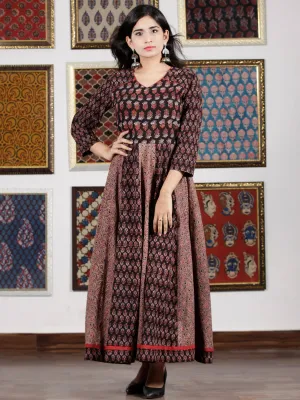 Black Maroon Brown Blue Ajrakh Hand Block Printed Cotton Long Dress - D306F1654