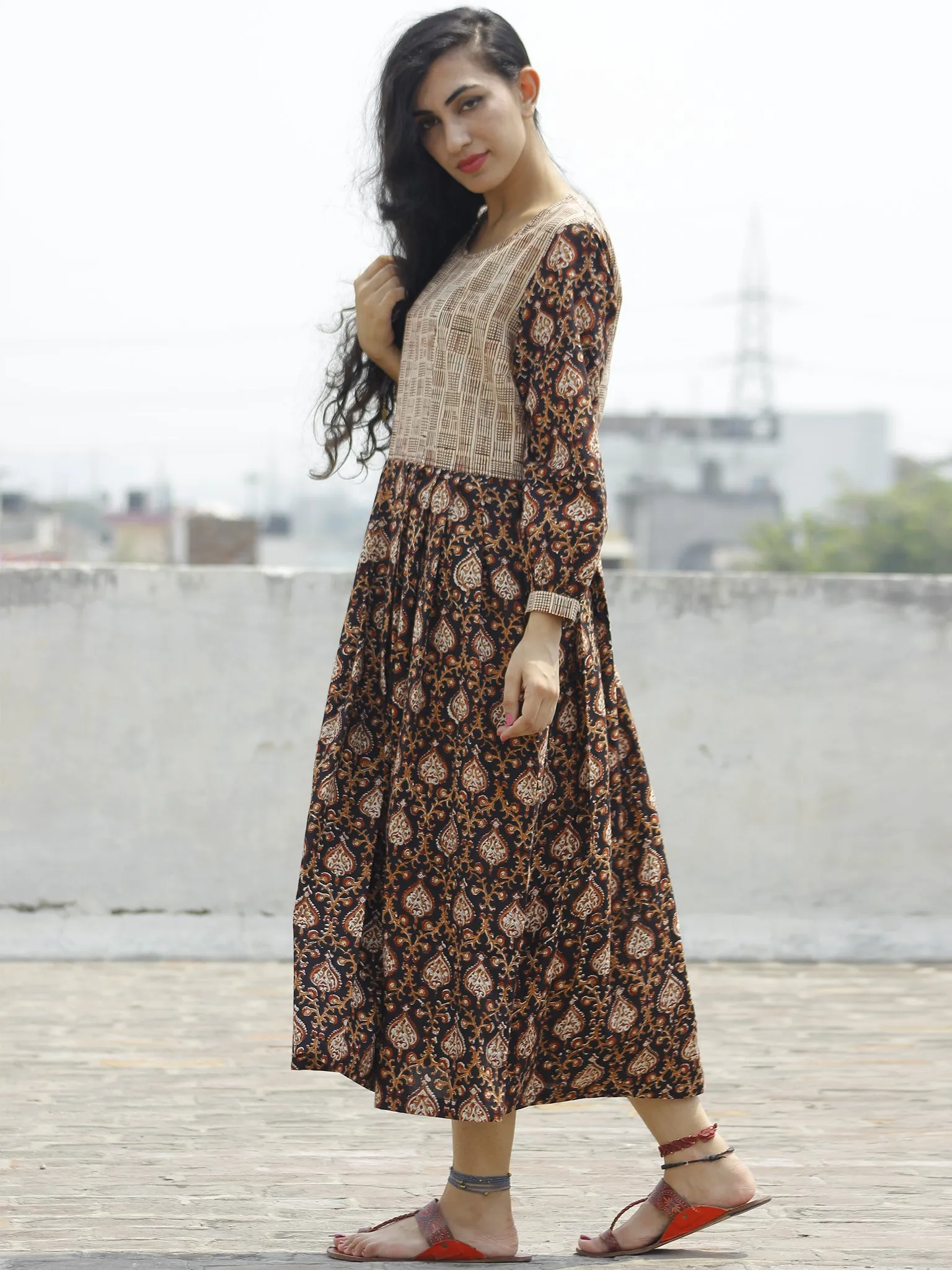 Black  Maroon Brown White Beige Long Hand Block Printed Cotton Dress With Knife Pleats & Side Pockets - D90F892