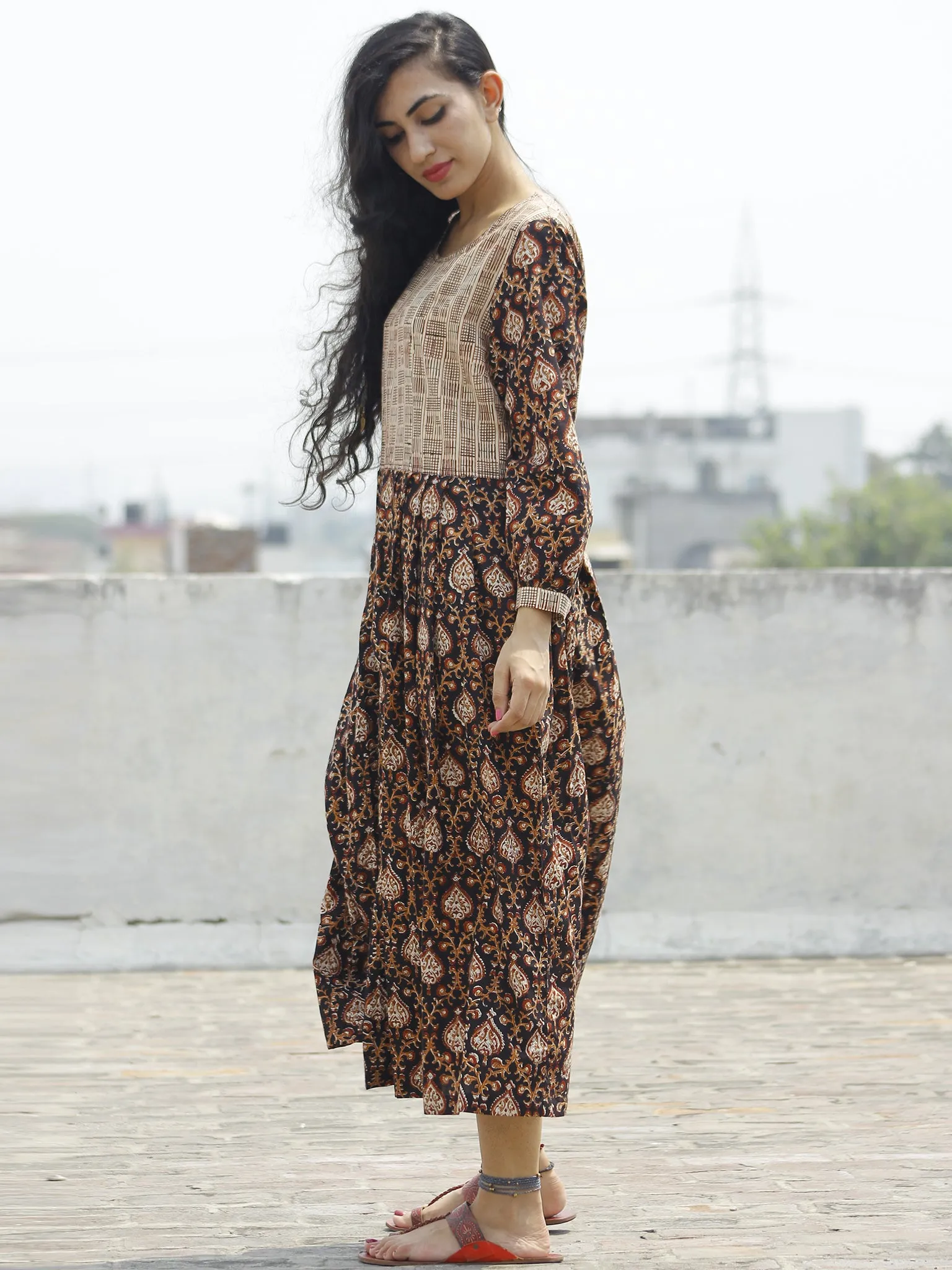 Black  Maroon Brown White Beige Long Hand Block Printed Cotton Dress With Knife Pleats & Side Pockets - D90F892