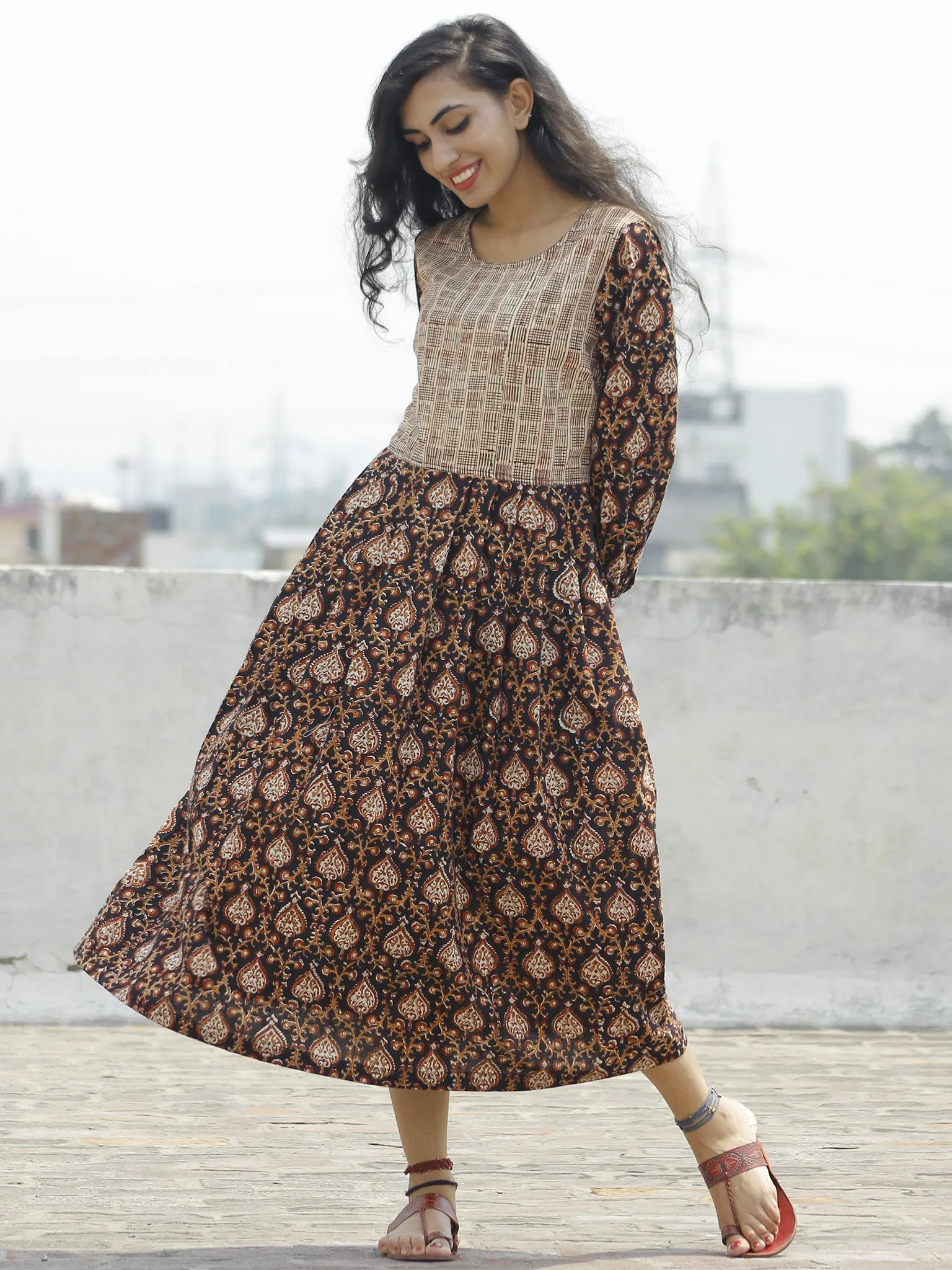 Black  Maroon Brown White Beige Long Hand Block Printed Cotton Dress With Knife Pleats & Side Pockets - D90F892