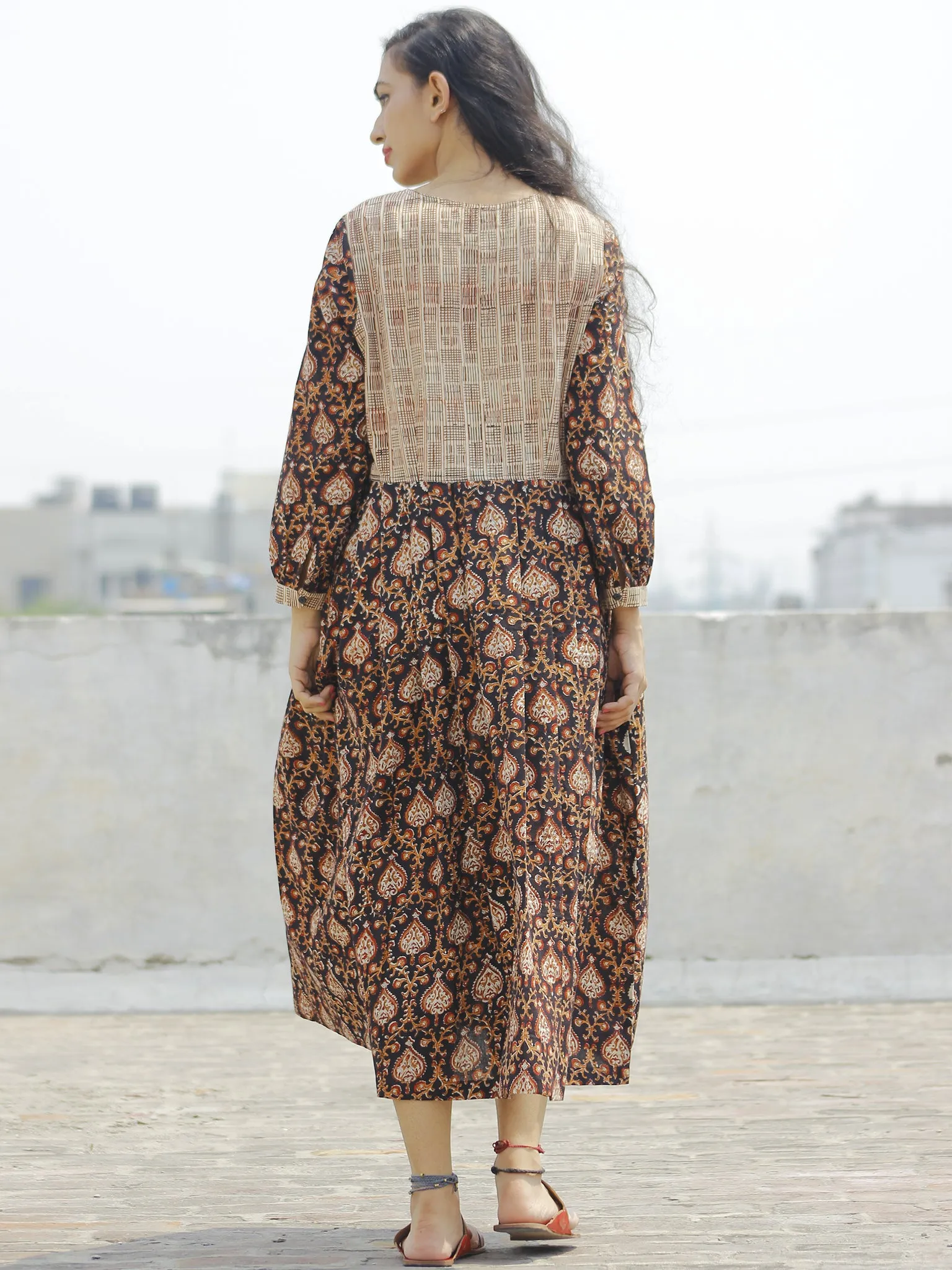 Black  Maroon Brown White Beige Long Hand Block Printed Cotton Dress With Knife Pleats & Side Pockets - D90F892