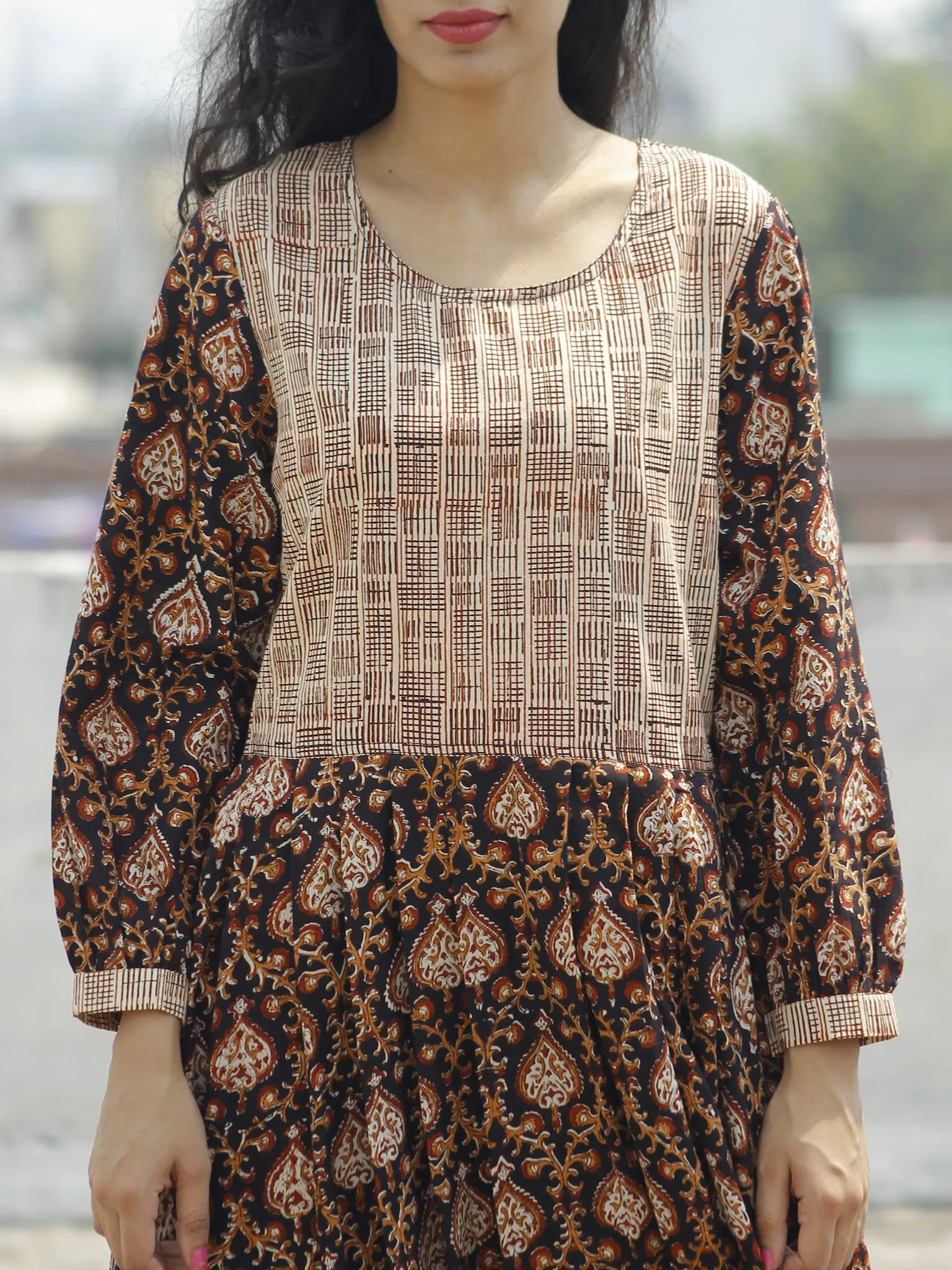 Black  Maroon Brown White Beige Long Hand Block Printed Cotton Dress With Knife Pleats & Side Pockets - D90F892