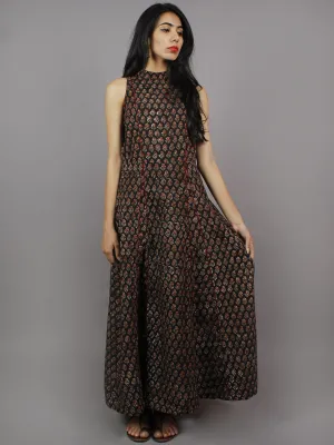 Black Maroon Ivory Hand Block Printed Princess Line Stand Collar Dress - D40F893