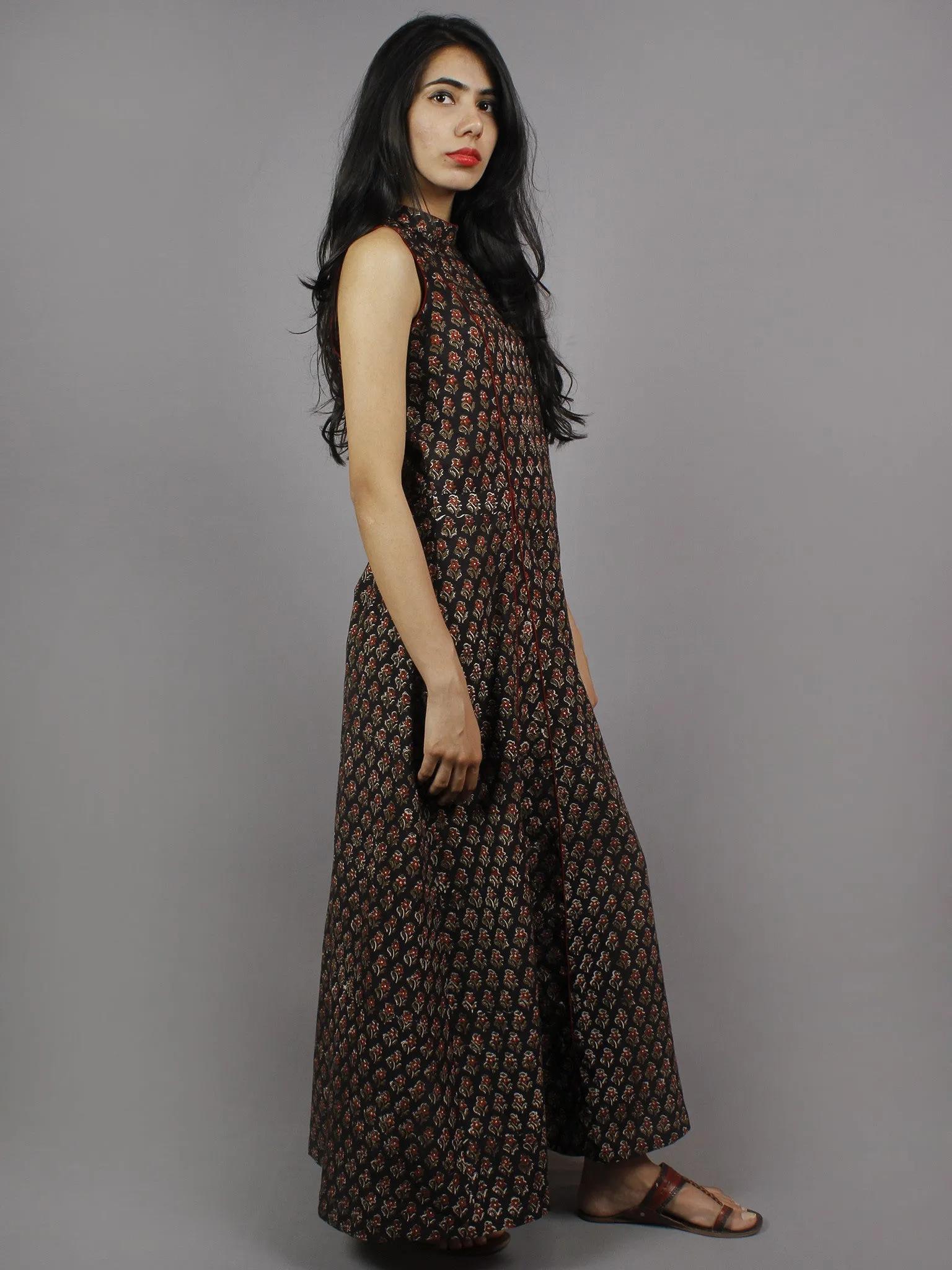 Black Maroon Ivory Hand Block Printed Princess Line Stand Collar Dress - D40F893