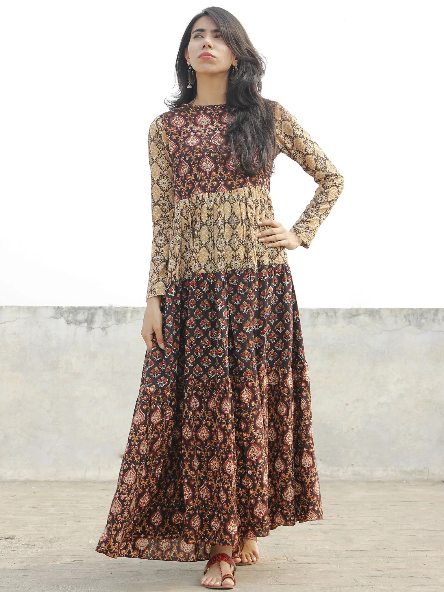 Black Maroon Mustard Orange Ivory  Hand Block Printed Tier Dress  -  D95F892