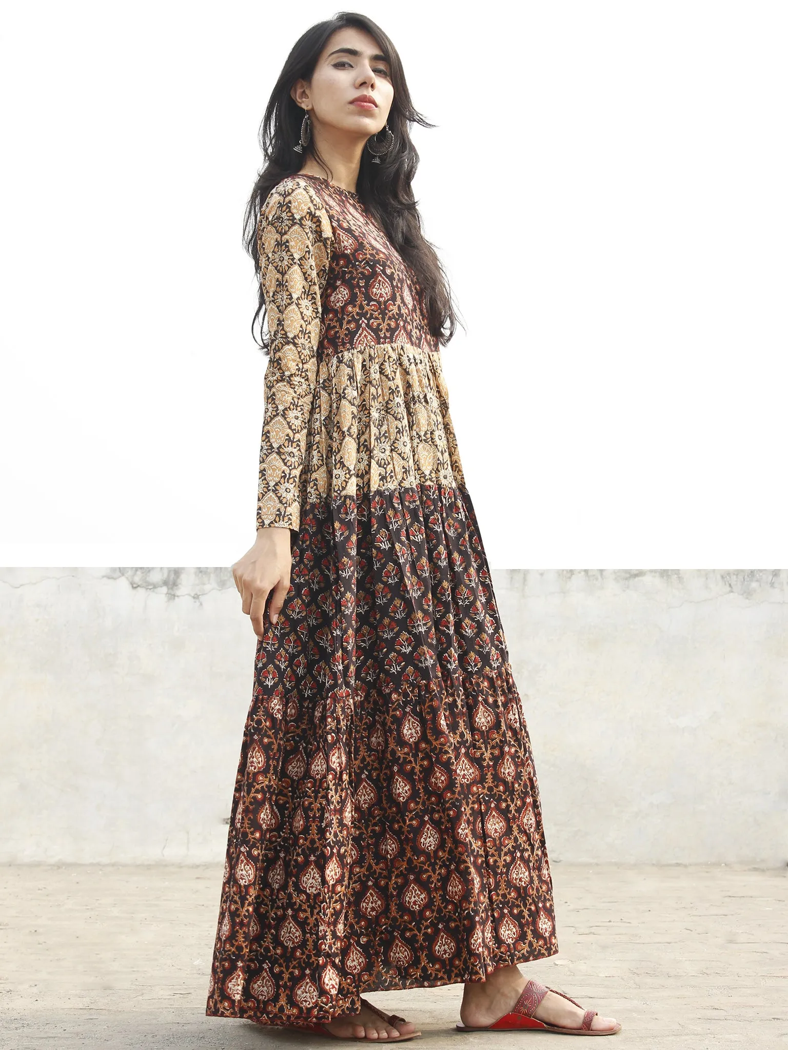 Black Maroon Mustard Orange Ivory  Hand Block Printed Tier Dress  -  D95F892