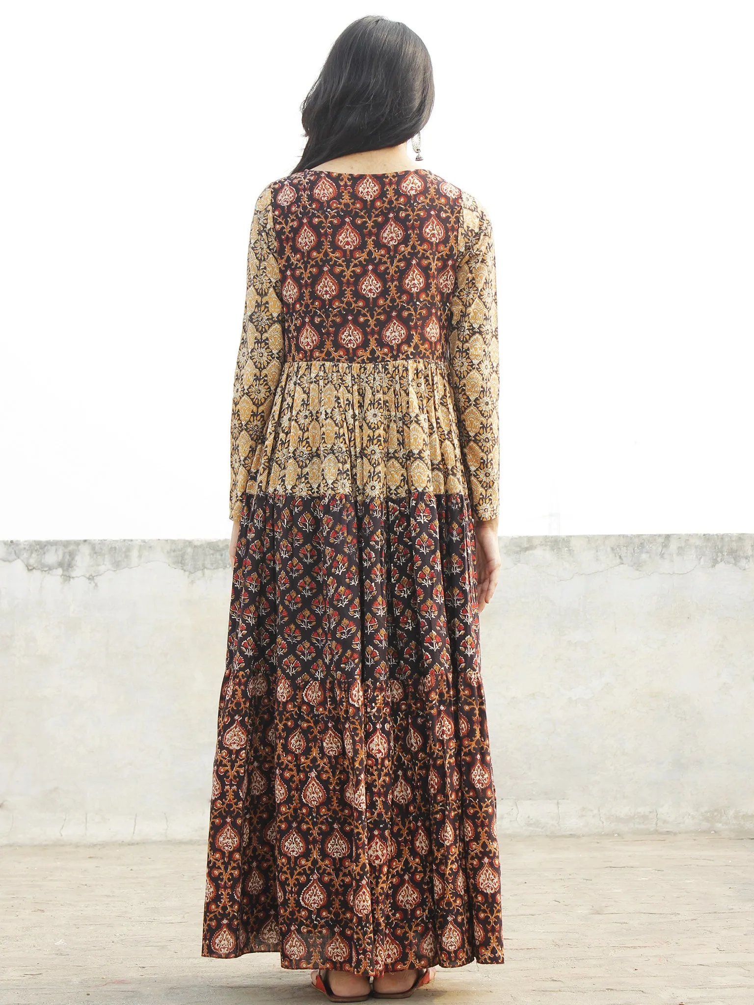 Black Maroon Mustard Orange Ivory  Hand Block Printed Tier Dress  -  D95F892