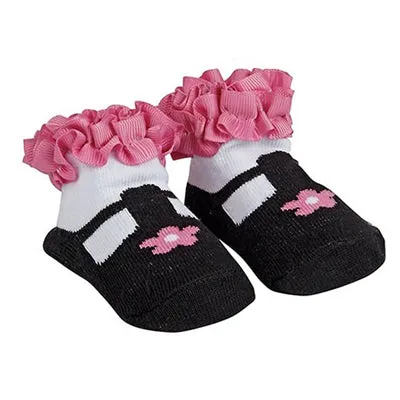 Black Mary Jane Socks With Pink Ruffles And Flower