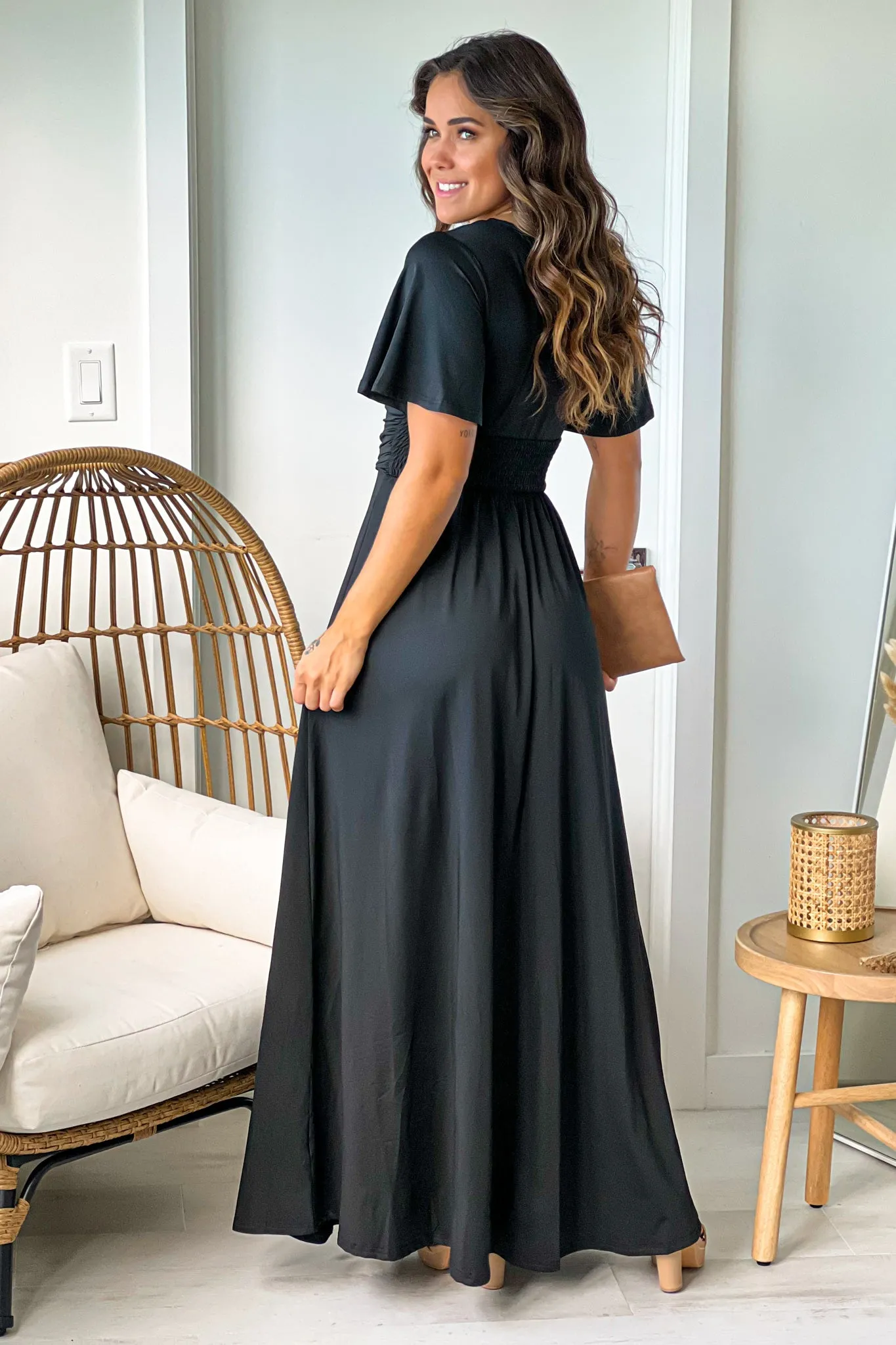 Black Maxi Dress With Slit And Short Sleeves