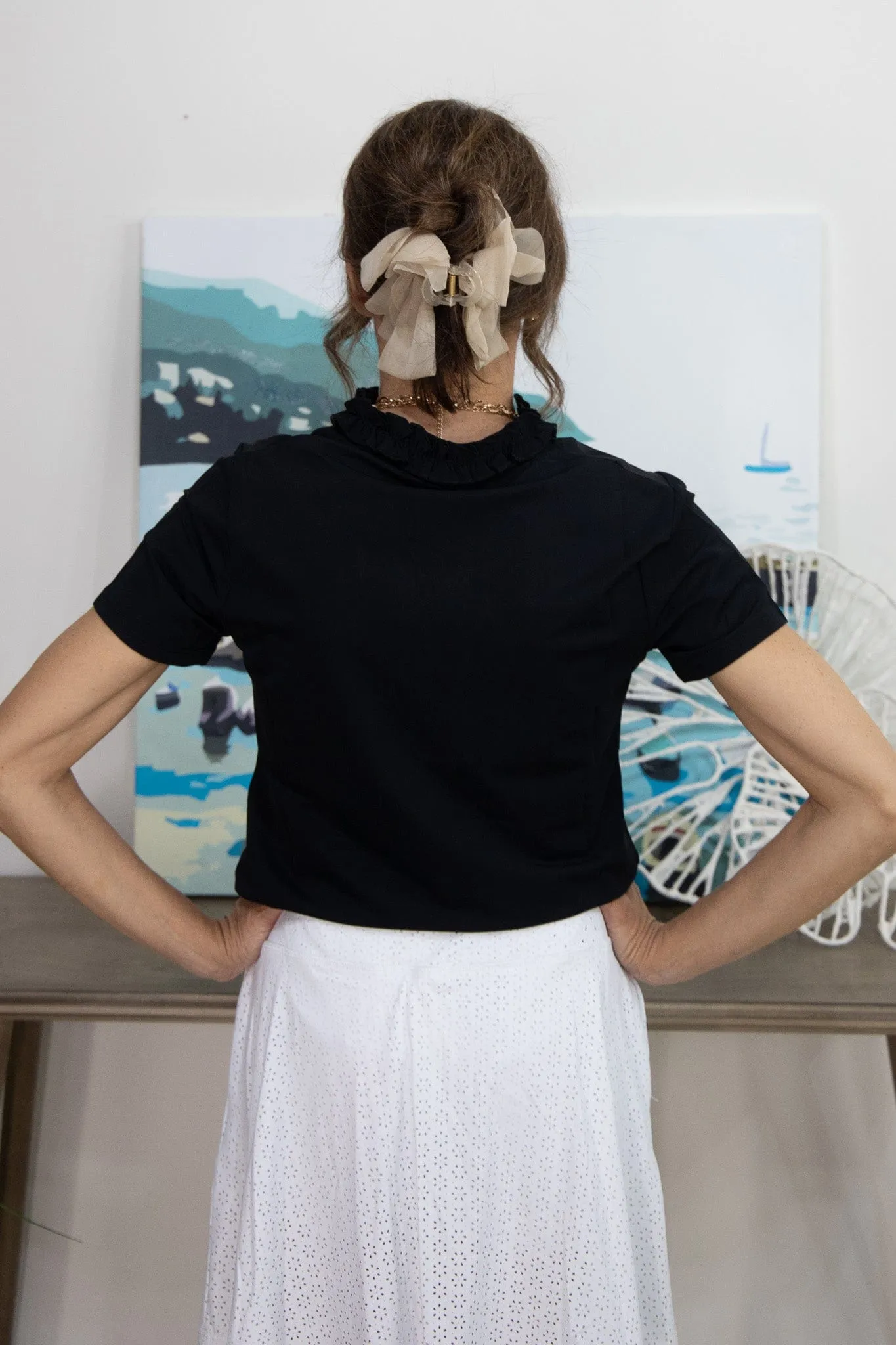 Black Meredith Ruffle Neckline Top