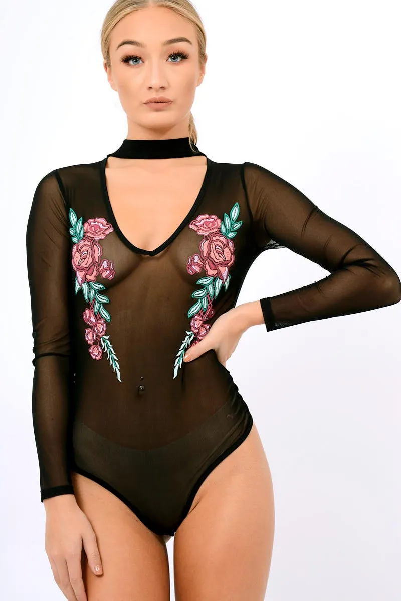 Black Mesh Floral Choker Bodysuit - Bryleigh