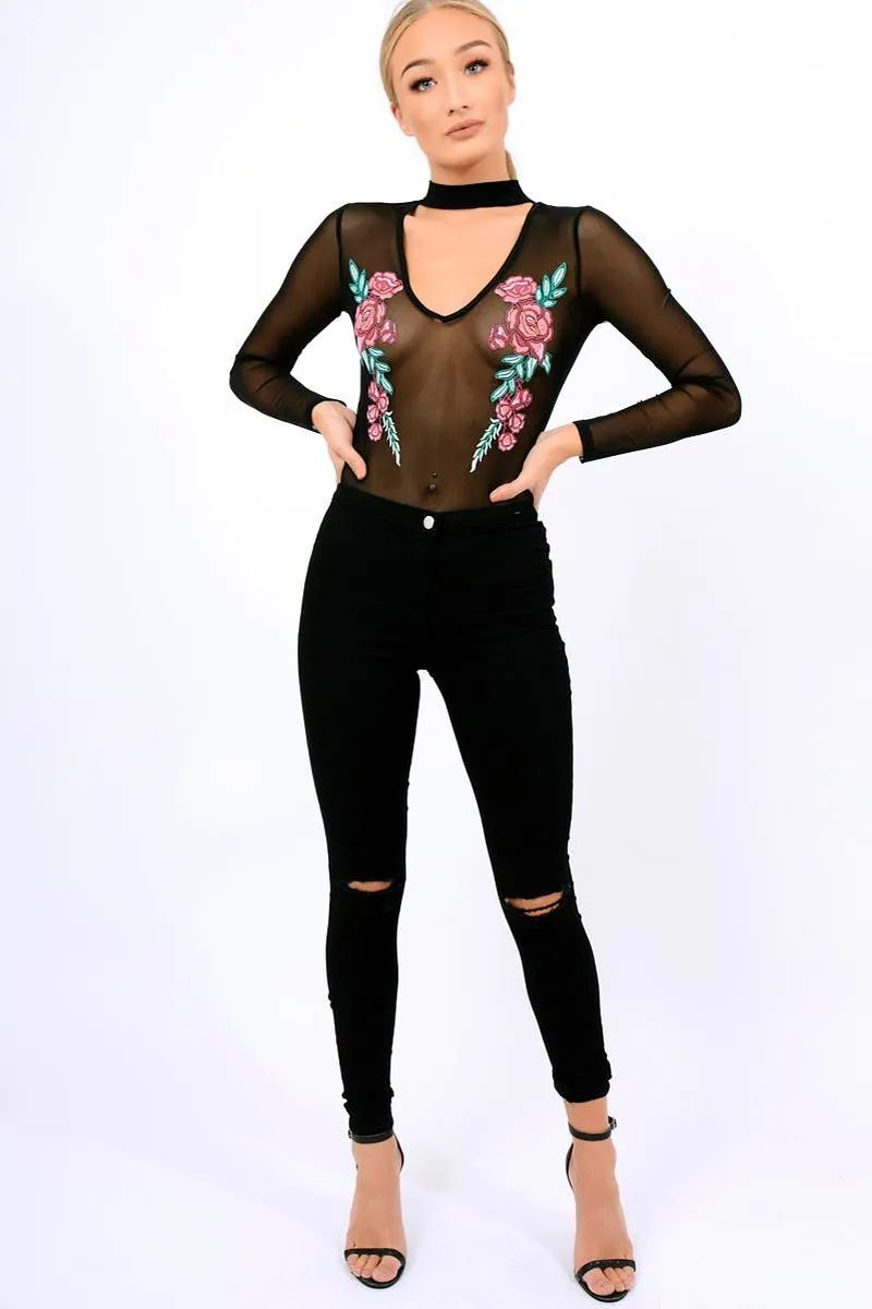 Black Mesh Floral Choker Bodysuit - Bryleigh