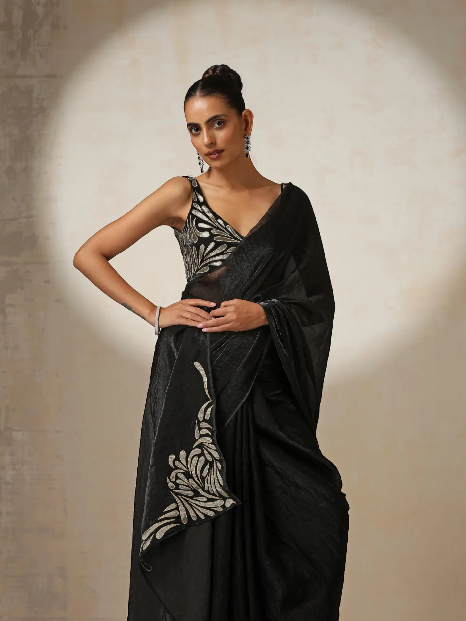 Black Metallic Crushed Satin with Bronze Embroidery with Blouse Fabric