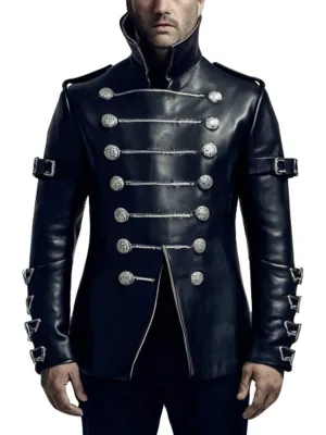 Black Military Style Leather Coat With Ornate Silver Buttons