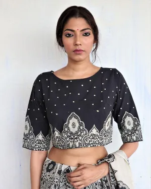 Black Minari Handprinted Crop Top Cotton Blouse - God