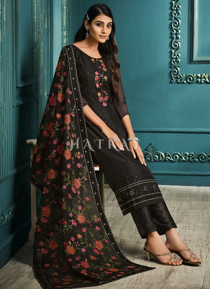 Black Multi Embroidered Pakistani Pant Style Suit