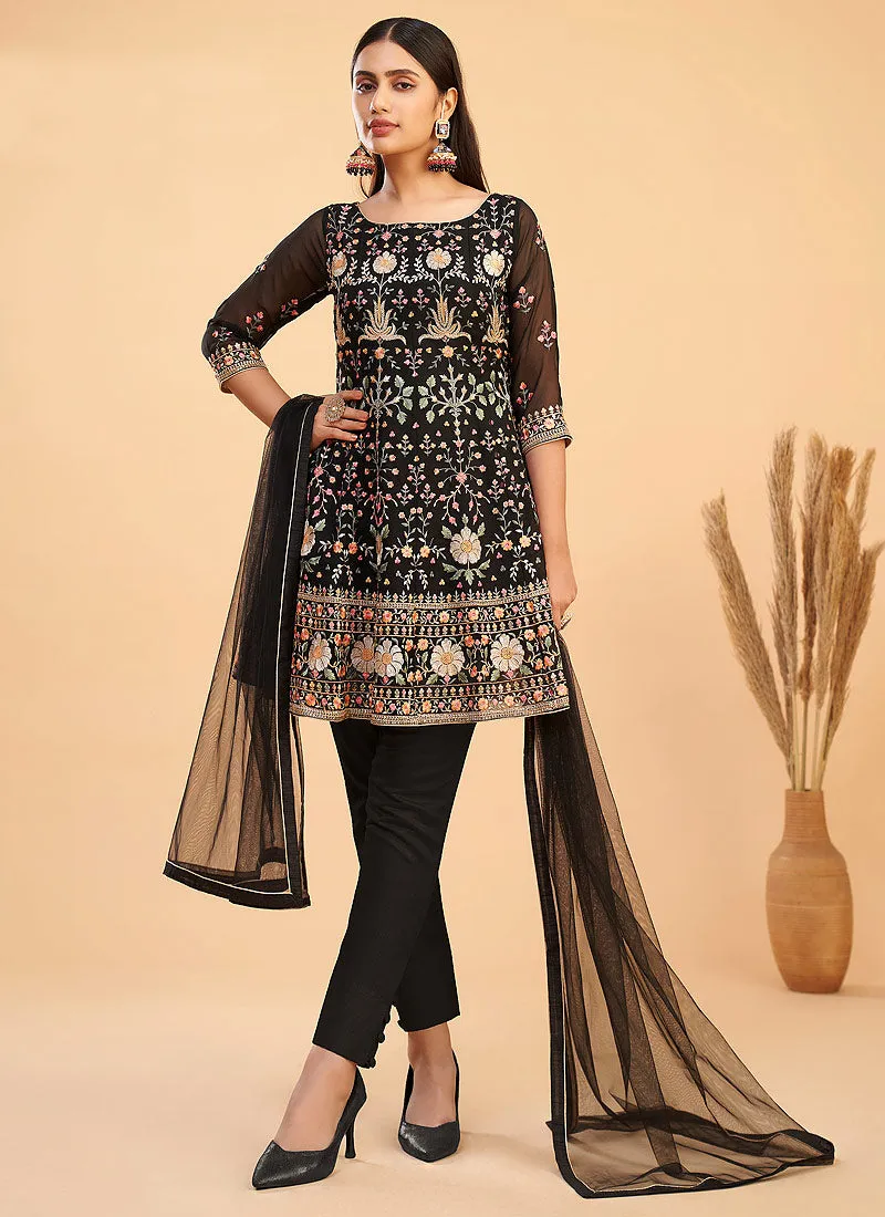 Black Multi Kutchi Embroidered Pant Style Suit