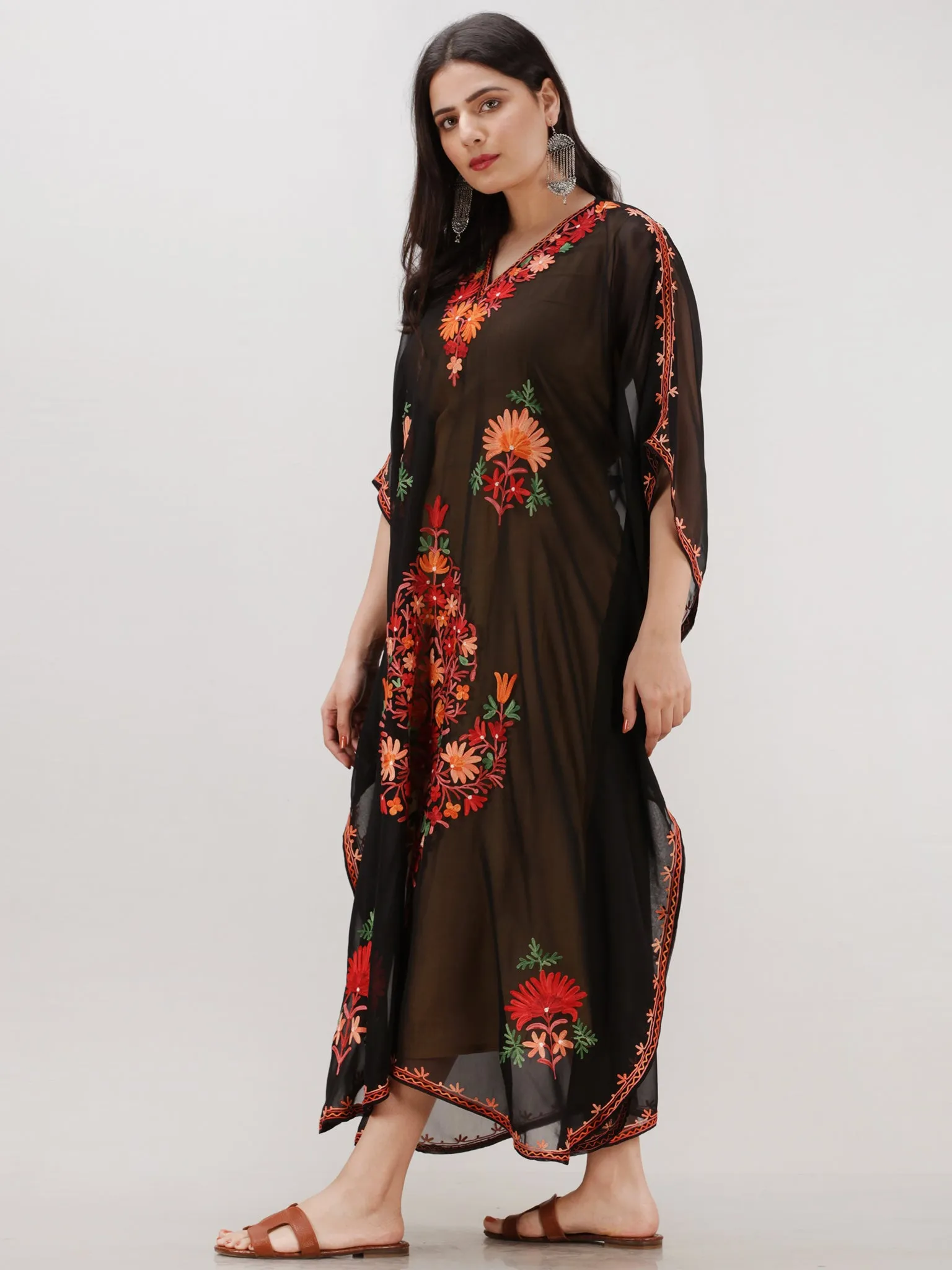 Black Multicolor Aari Embroidered Kashmere Free Size Georgette Kaftan  - K12K013