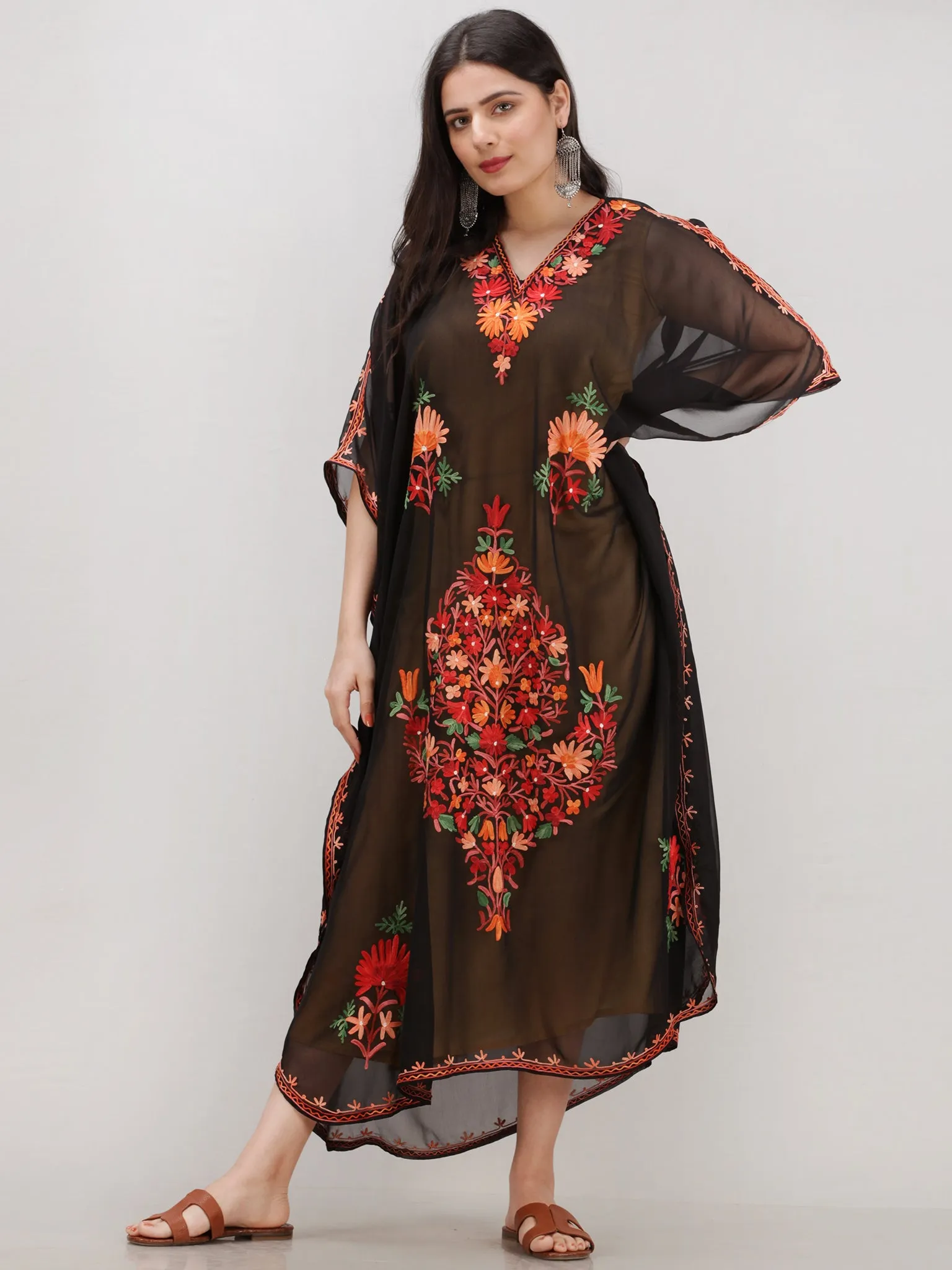 Black Multicolor Aari Embroidered Kashmere Free Size Georgette Kaftan  - K12K013