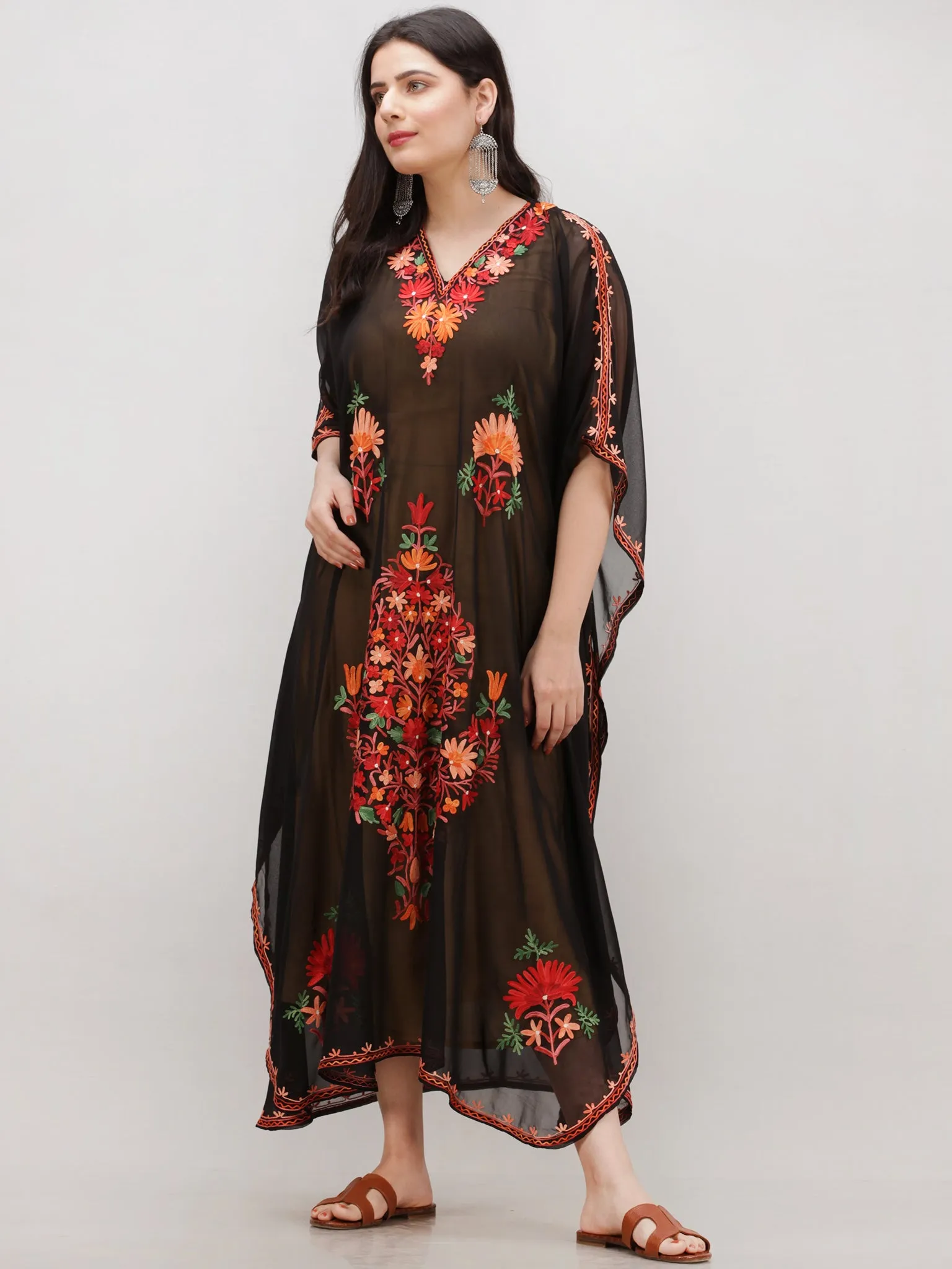 Black Multicolor Aari Embroidered Kashmere Free Size Georgette Kaftan  - K12K013