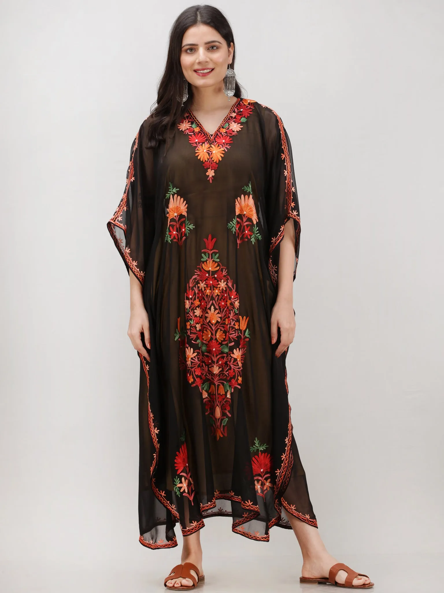 Black Multicolor Aari Embroidered Kashmere Free Size Georgette Kaftan  - K12K013