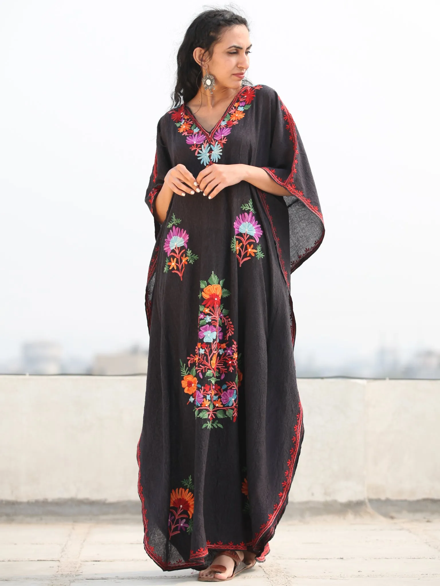 Black  Multicolor Aari Embroidered Kashmere Free Size Kaftan in Crushed Cotton - K11K070