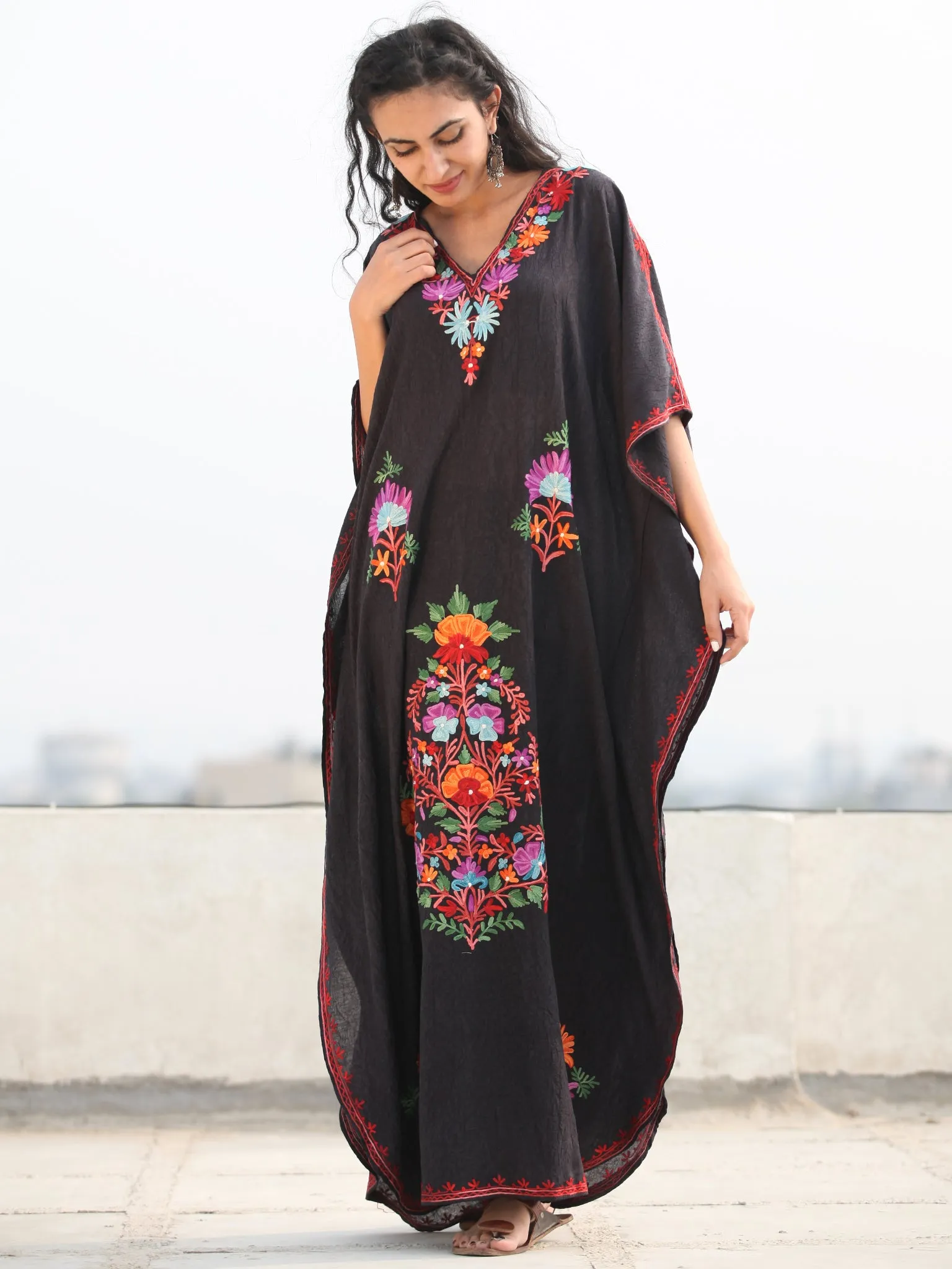 Black  Multicolor Aari Embroidered Kashmere Free Size Kaftan in Crushed Cotton - K11K070