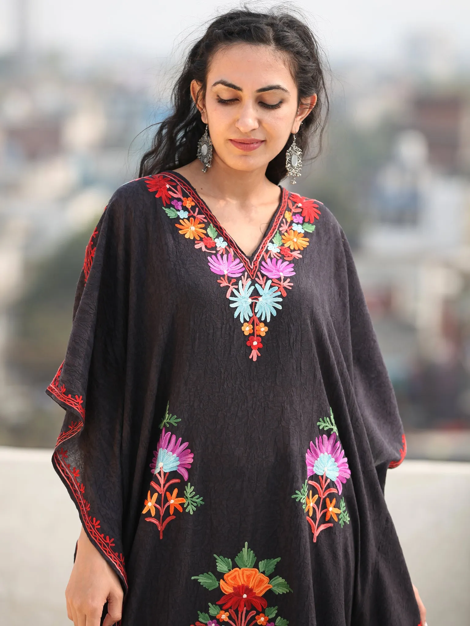 Black  Multicolor Aari Embroidered Kashmere Free Size Kaftan in Crushed Cotton - K11K070