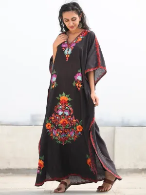 Black  Multicolor Aari Embroidered Kashmere Free Size Kaftan in Crushed Cotton - K11K070