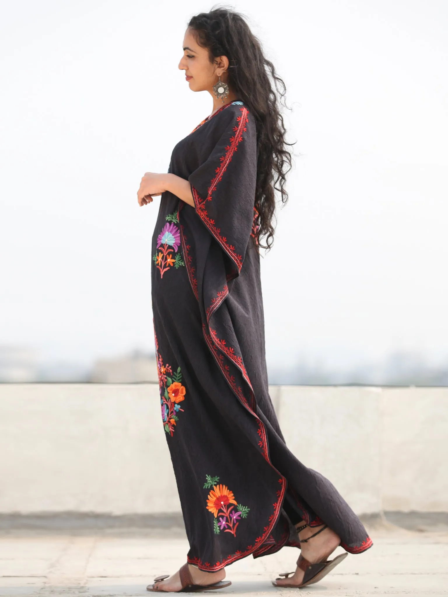 Black  Multicolor Aari Embroidered Kashmere Free Size Kaftan in Crushed Cotton - K11K070