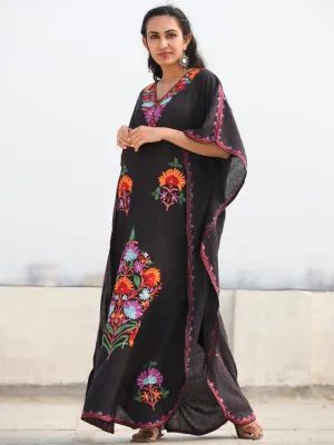 Black MultiColor Aari Embroidered Kashmere Free Size Kaftan in Crushed Cotton - K11K077