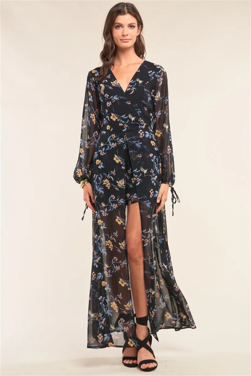 Black Multicolor Floral Print Wrap Deep Plunge V-Neck Long Sleeve Semi-Dress Romper