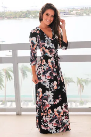 Black  Multicolor Floral Wrap Maxi Dress with 3/4 Sleeves