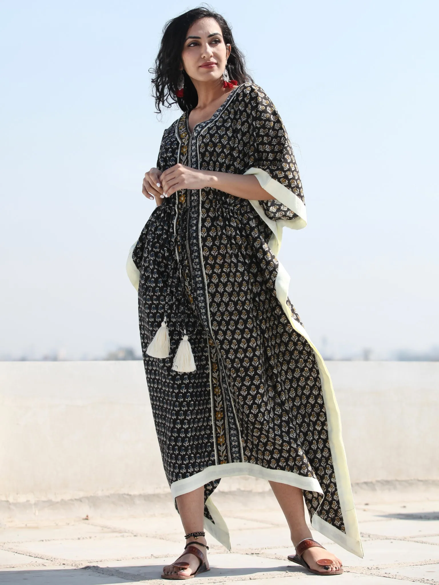 Black Mustard Indigo Hand Block Printed C Cut Kaftan - K121F2258