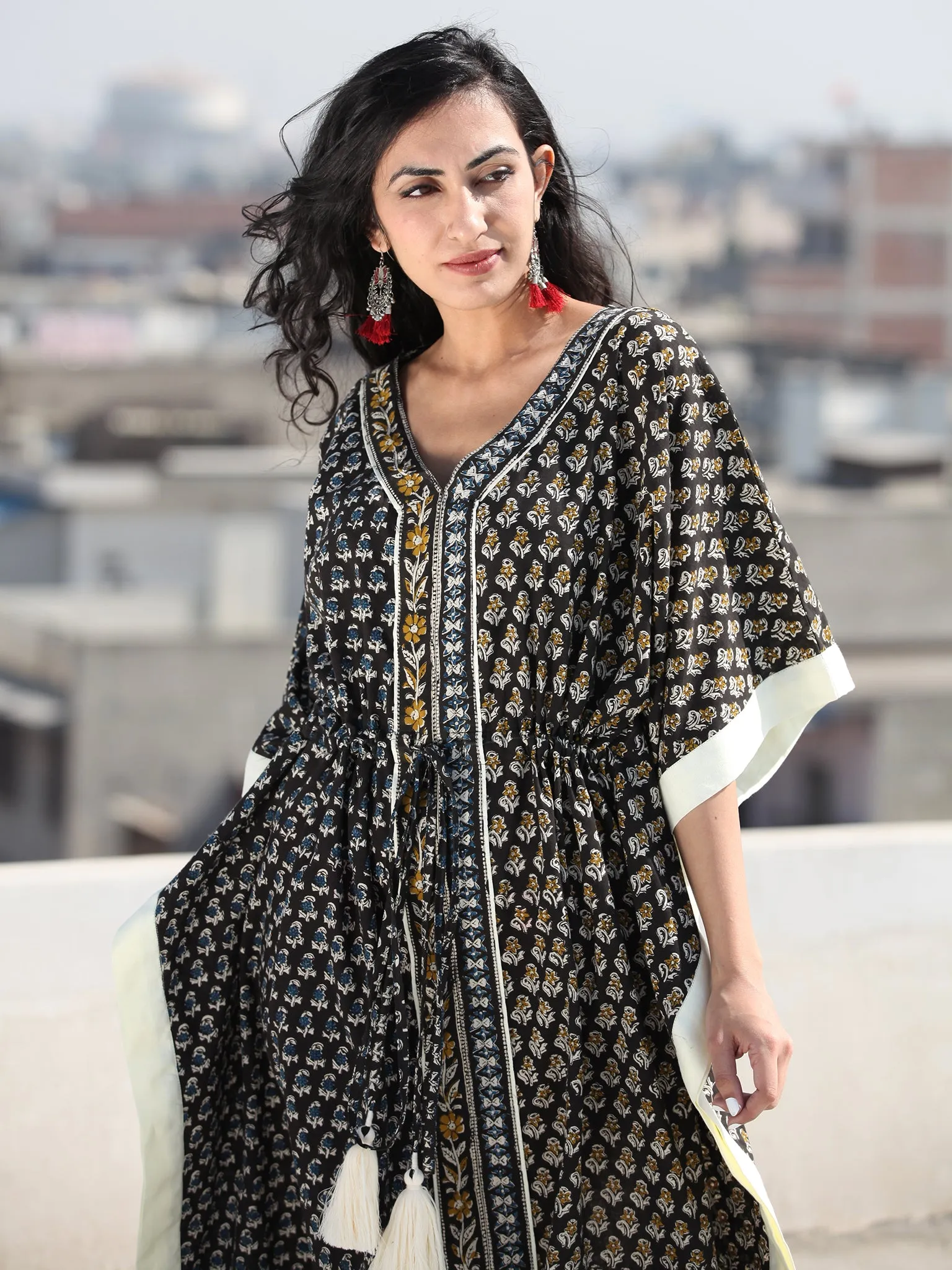 Black Mustard Indigo Hand Block Printed C Cut Kaftan - K121F2258