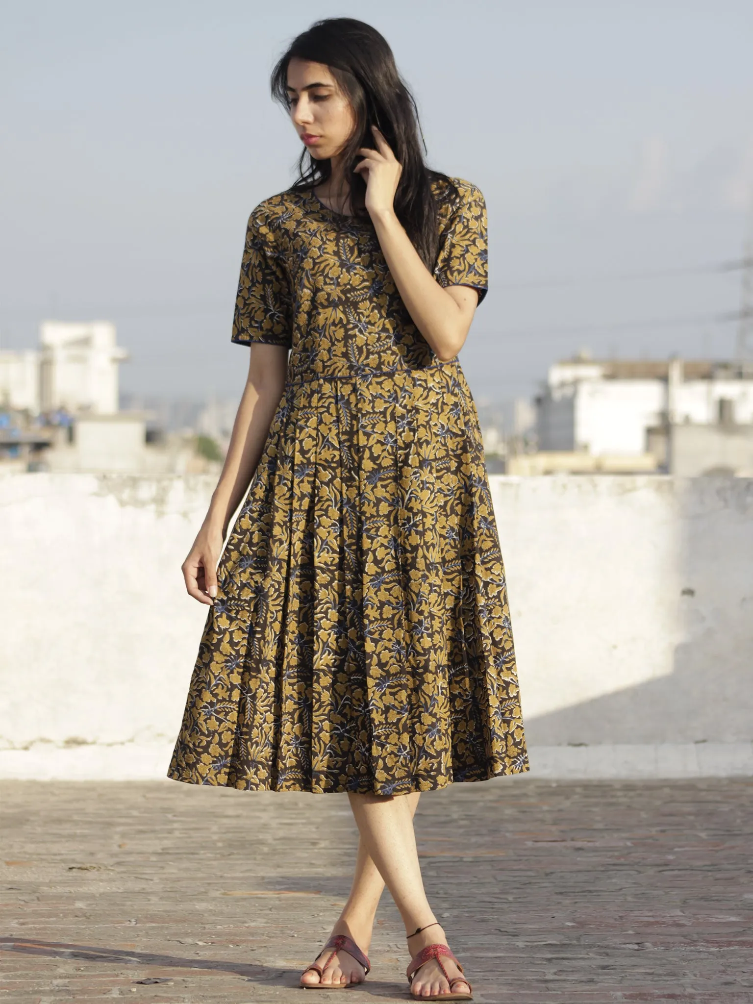 Black Mustard Indigo Ivory Hand Block Printed Cotton  Dress With Knife Pleats And Back Zip - D102F594