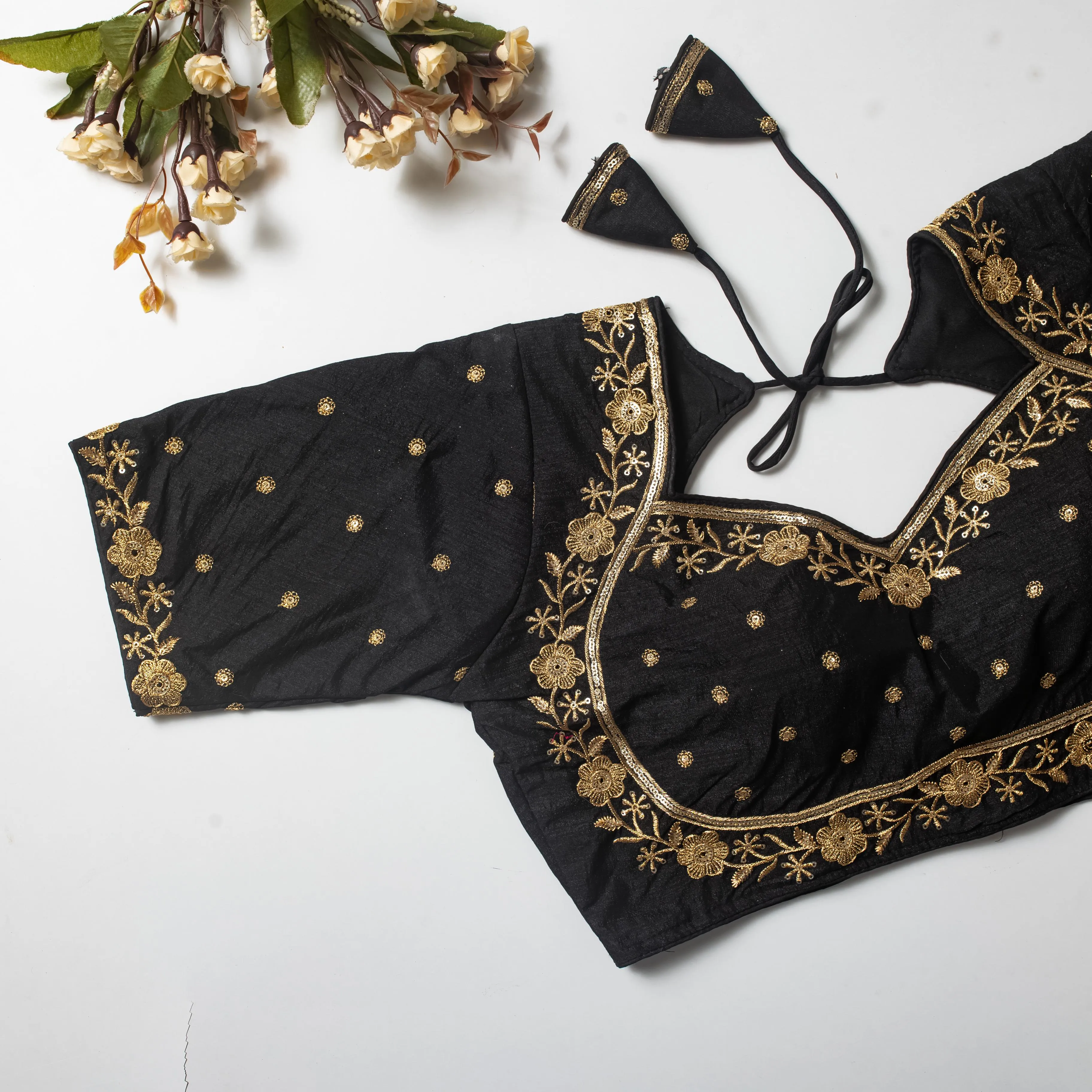 Black Olive Silk Blouse with Golden Embroidery and Sequins