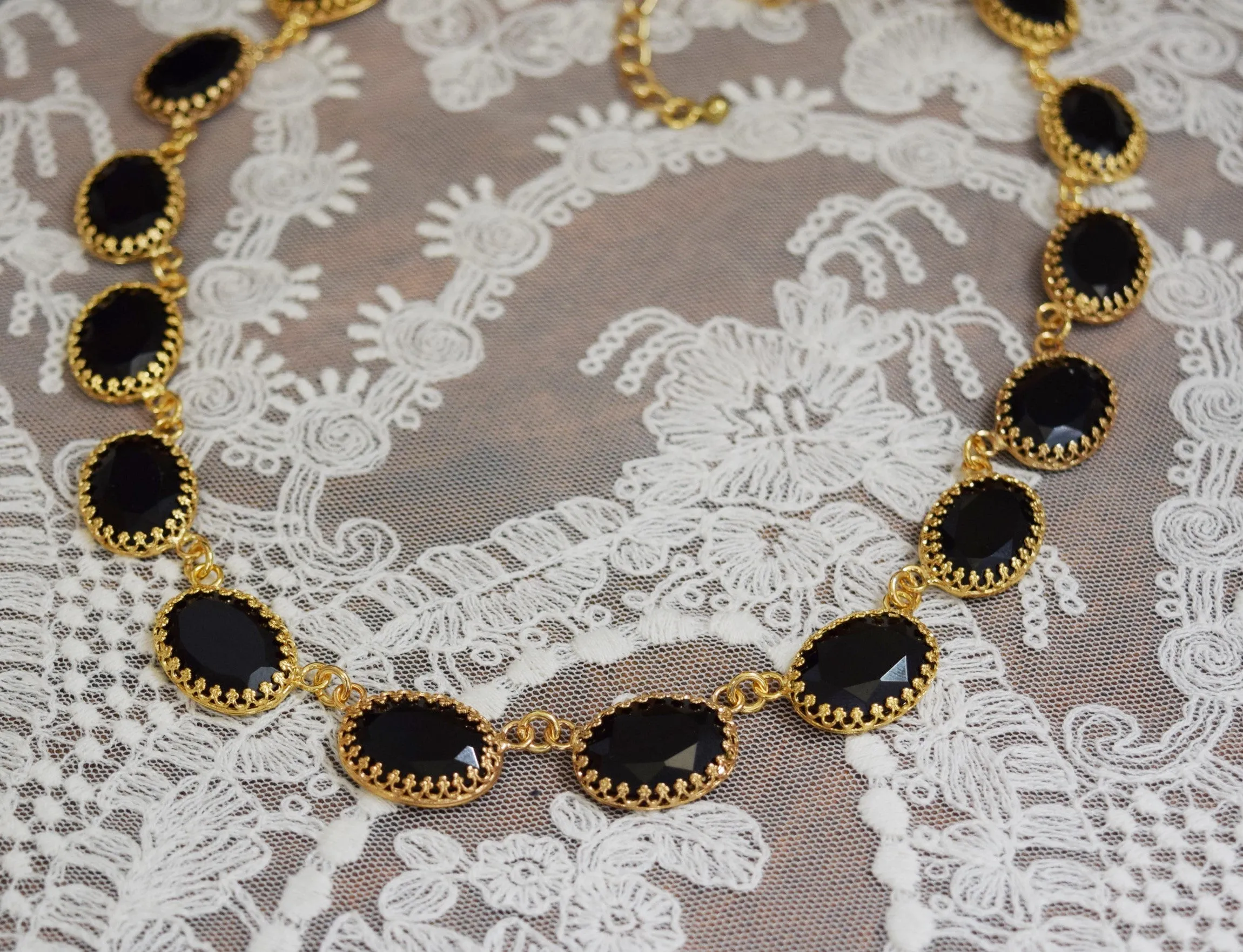 Black Onyx Collet Necklace - Large Oval Crown Setting