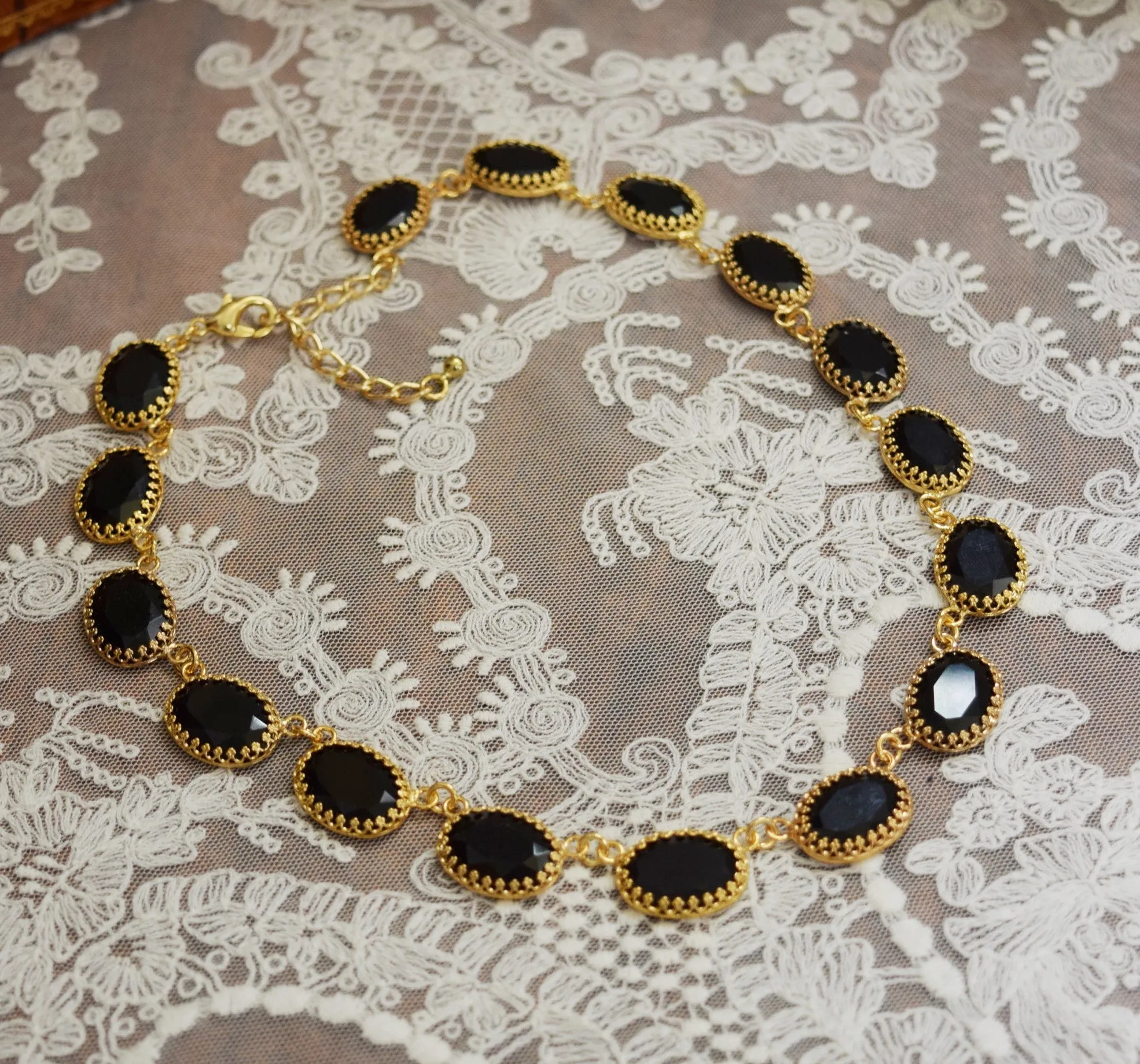 Black Onyx Collet Necklace - Large Oval Crown Setting