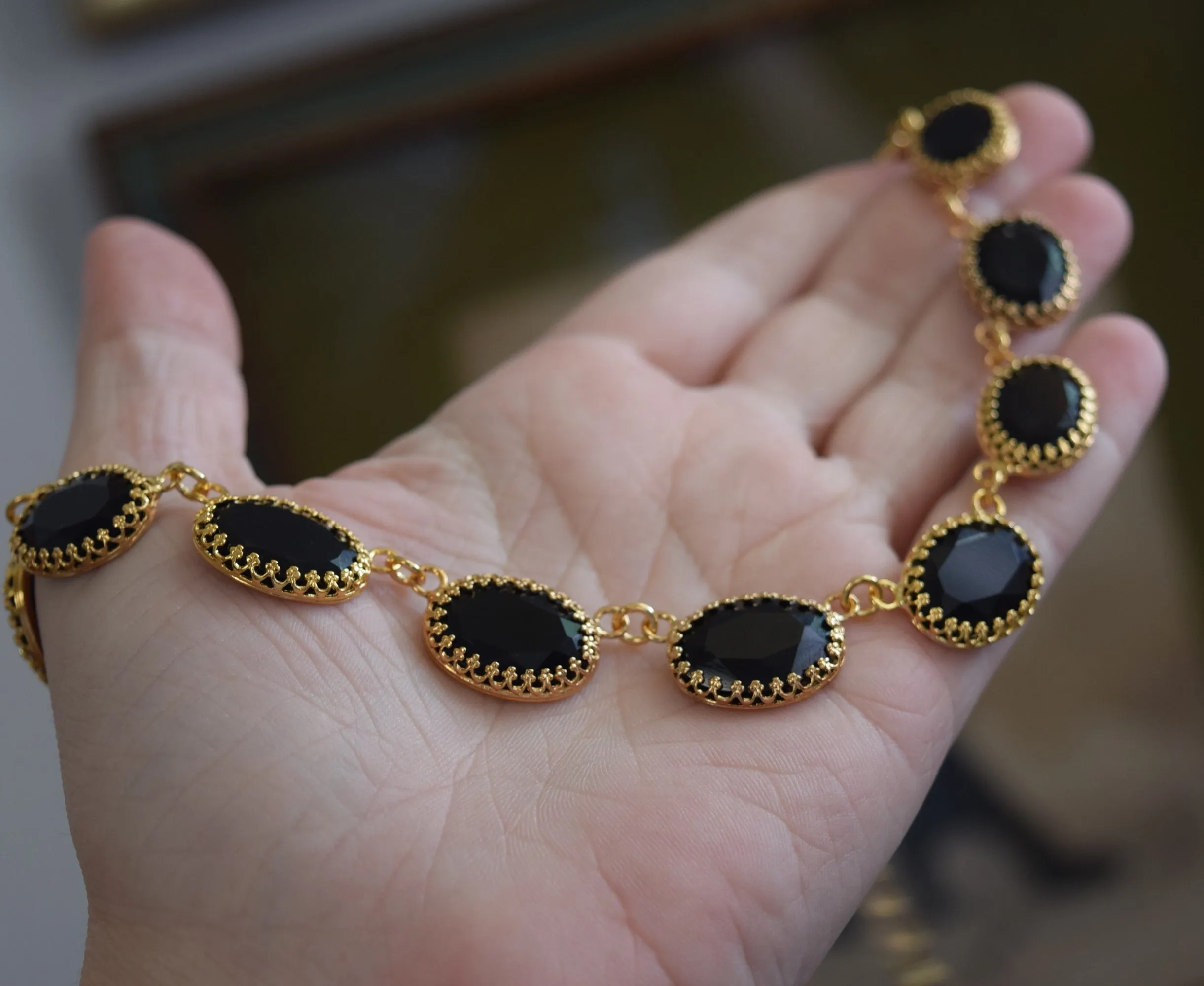 Black Onyx Collet Necklace - Large Oval Crown Setting