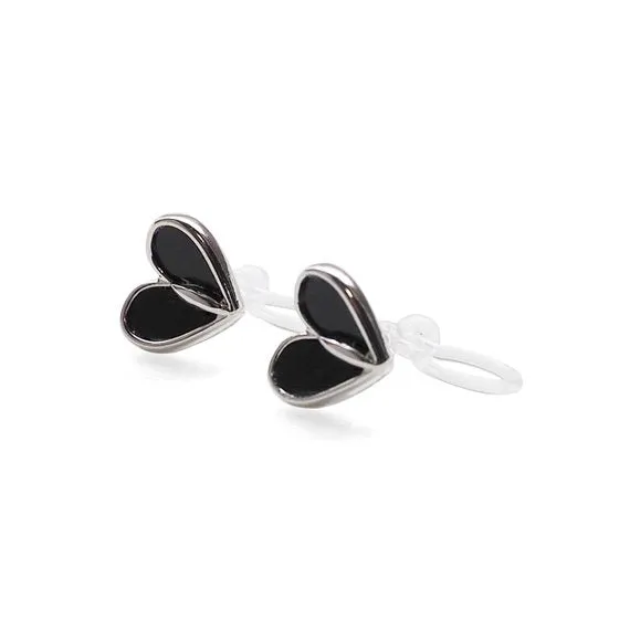 Black Onyx  Heart Invisible Clip On Stud Earrings (Silver tone)