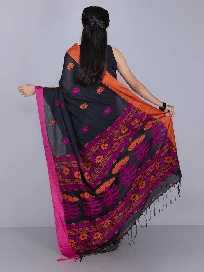 Black Par Anchal Buti Cotton Saree