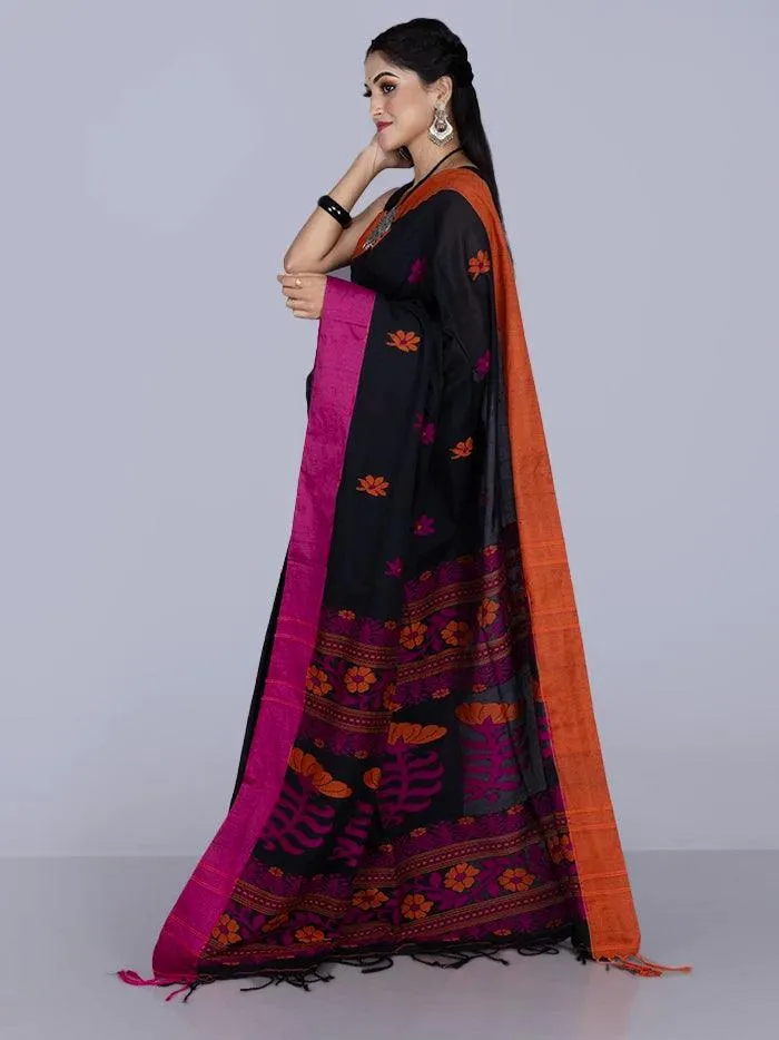 Black Par Anchal Buti Cotton Saree